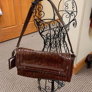 Liz Claiborne brown and gold metal trim faux croc handbag